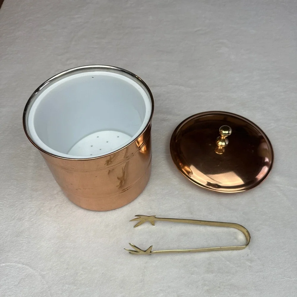 Vintage Copper‎ Ice Bucket with Tongs and Lid Barware Serving